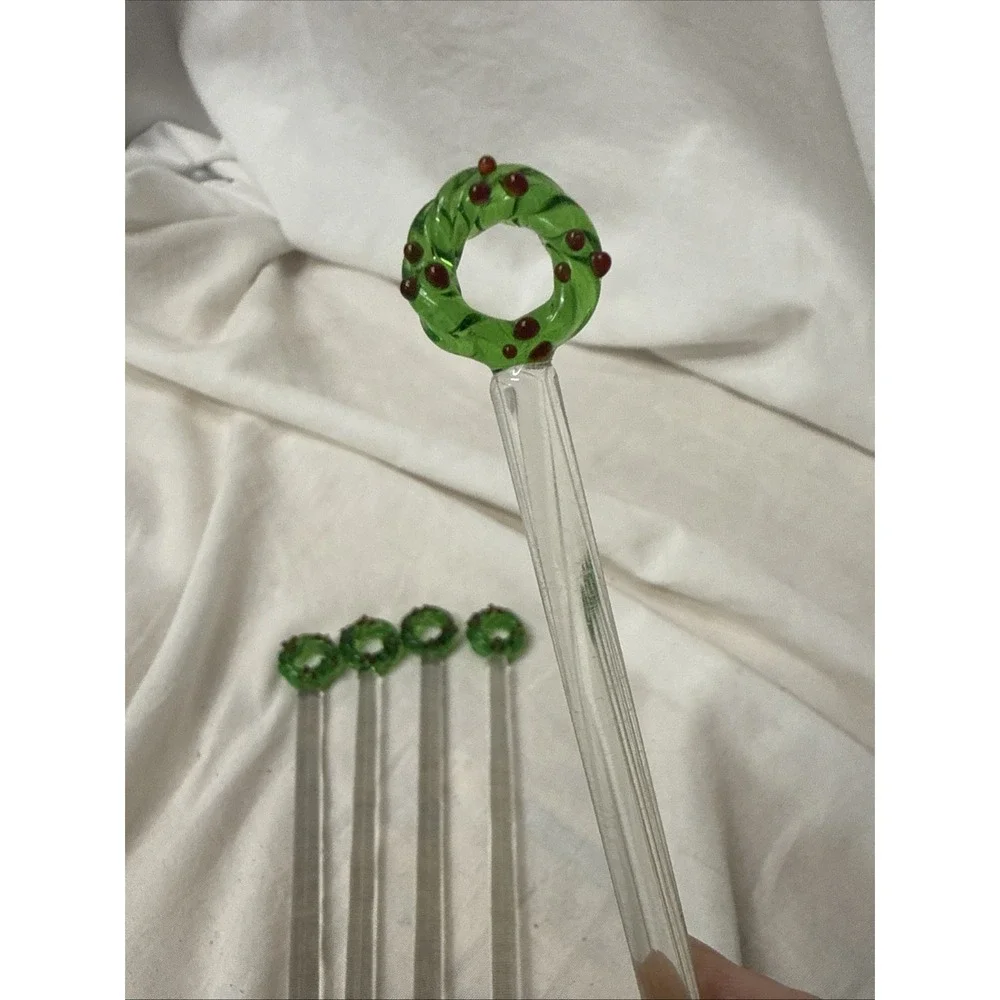 Handblown Holiday Glass Cocktail Drink Stirrers Xmas Wreath 5 Swizzles Bar Vtg
